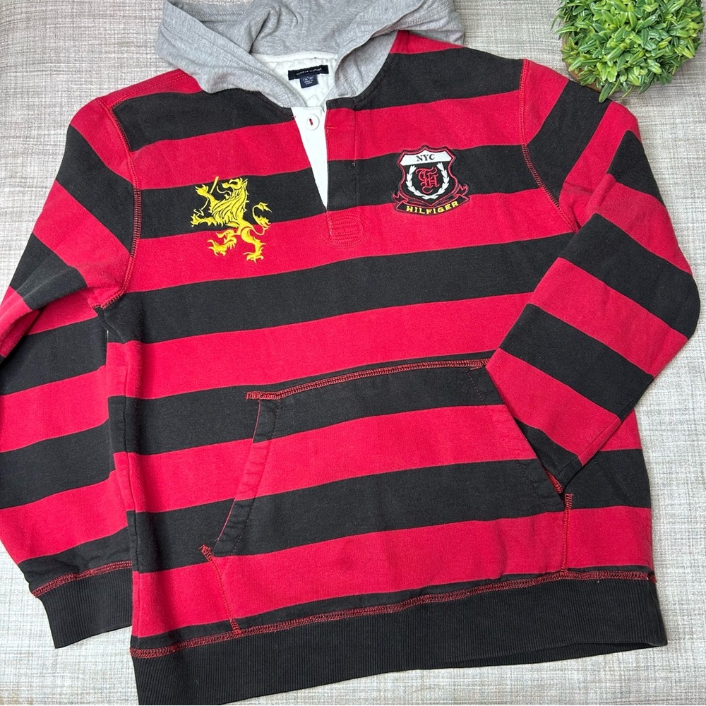 Tommy Hilfiger heavyweight rugby striped polo hoodie, embroidered logos